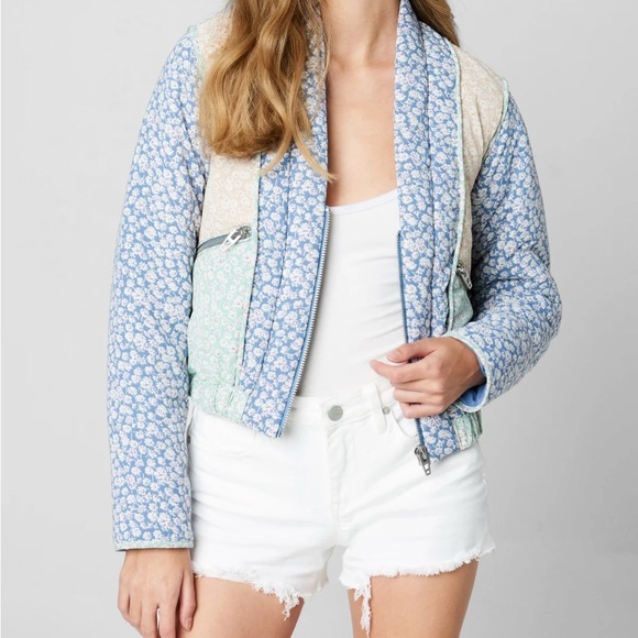 Blank NYC Jackets & Blazers - Blank NYC Blue and Cream Floral Puffer Jacket